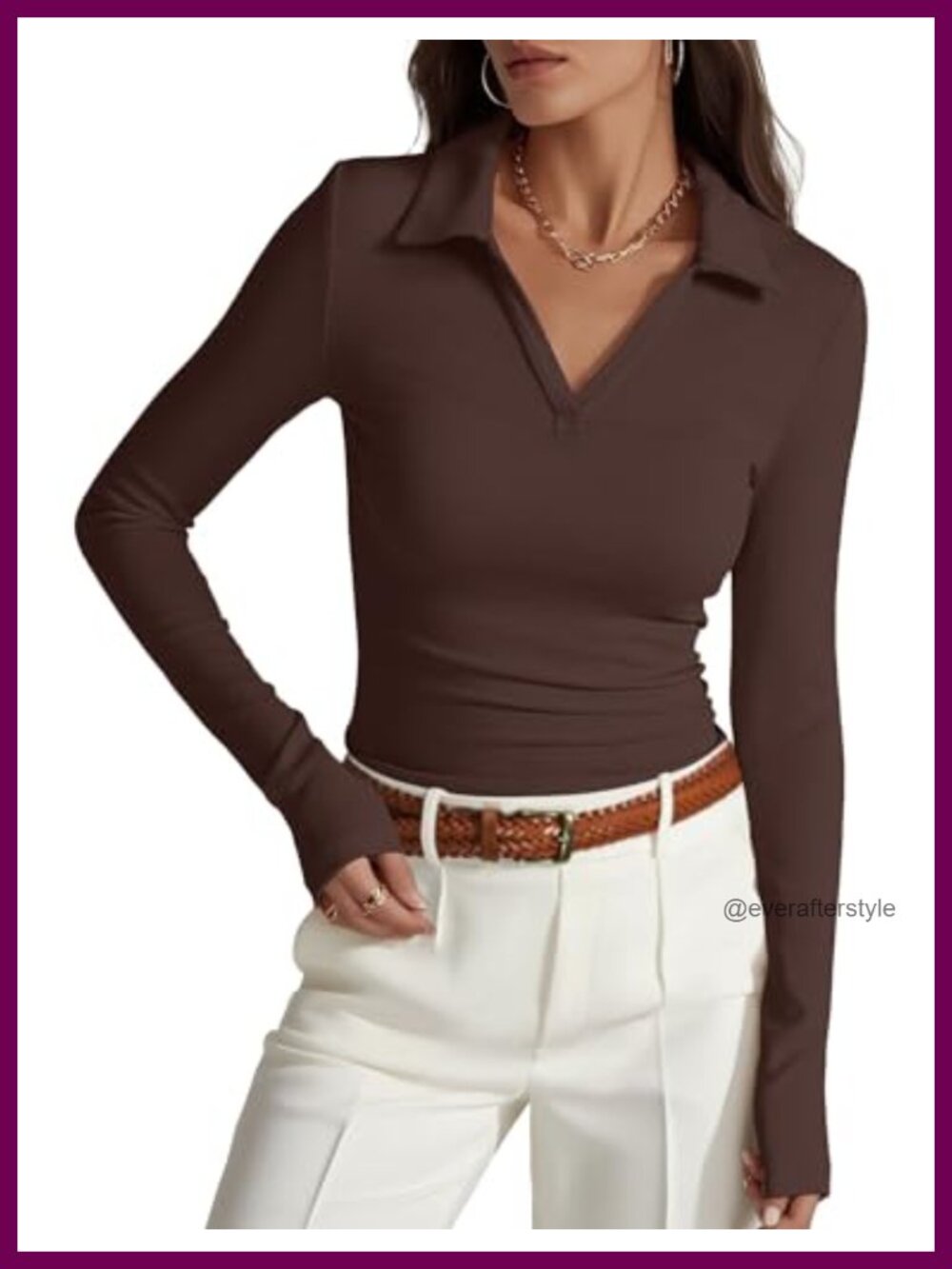 Long Sleeve Collared Polo Shirt Side Ruched Fitted Business Casual Work Top